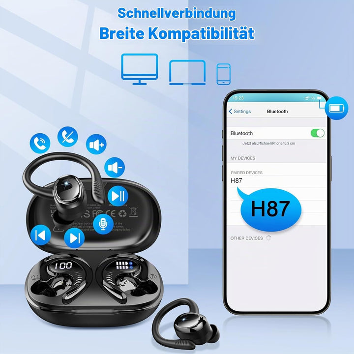Bluetooth 5.4 Kopfhörer Sport, 2026 In Ear Kopfhörer Kabellos Bluetooth | 50H Noise Cancelling Ear b