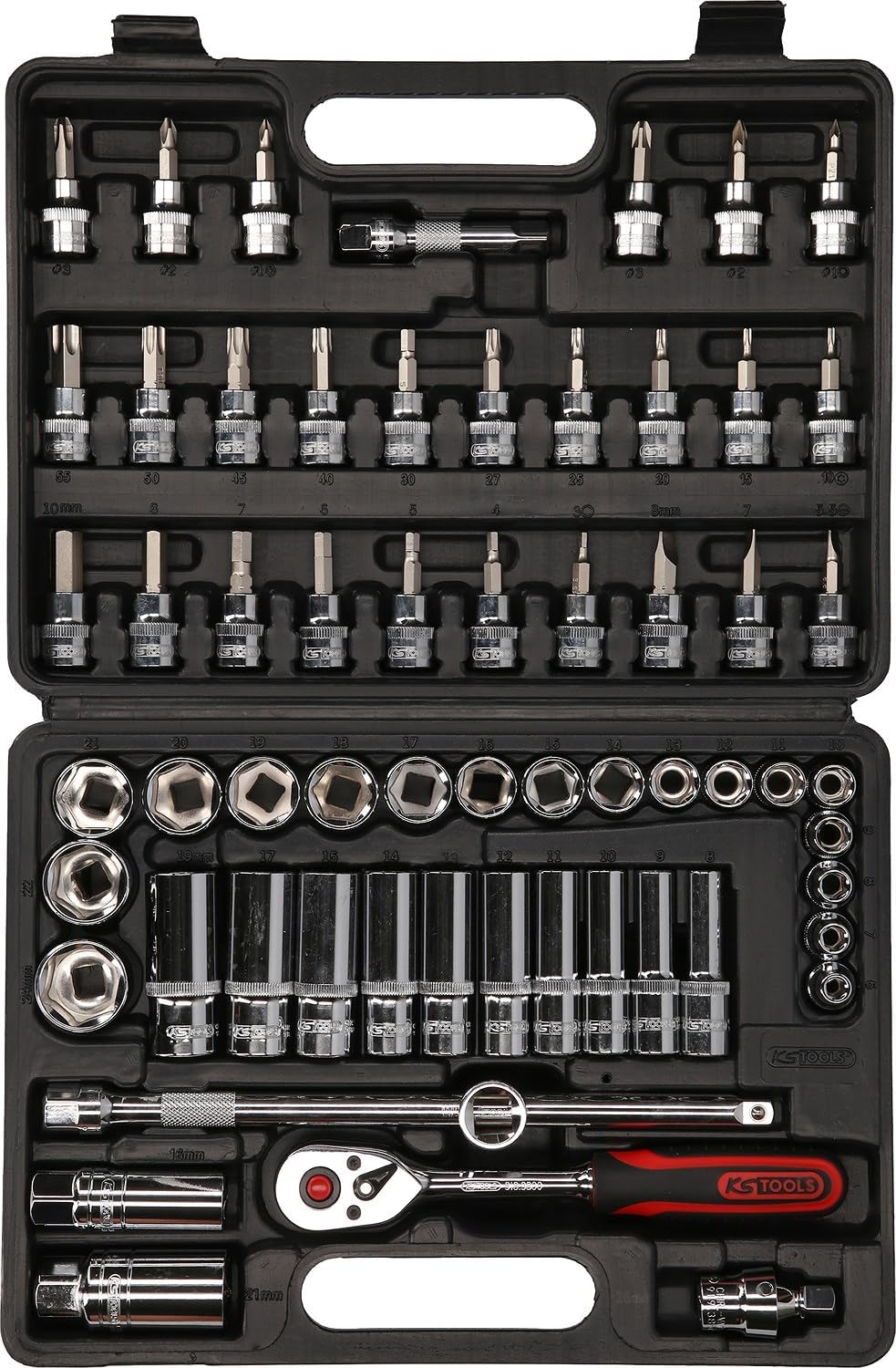 KS Tools 918.0661 3/8 Zoll CHROMEplus Steckschlüssel-Satz | inklusive Umschaltknarre, 45-Zahn | hoch