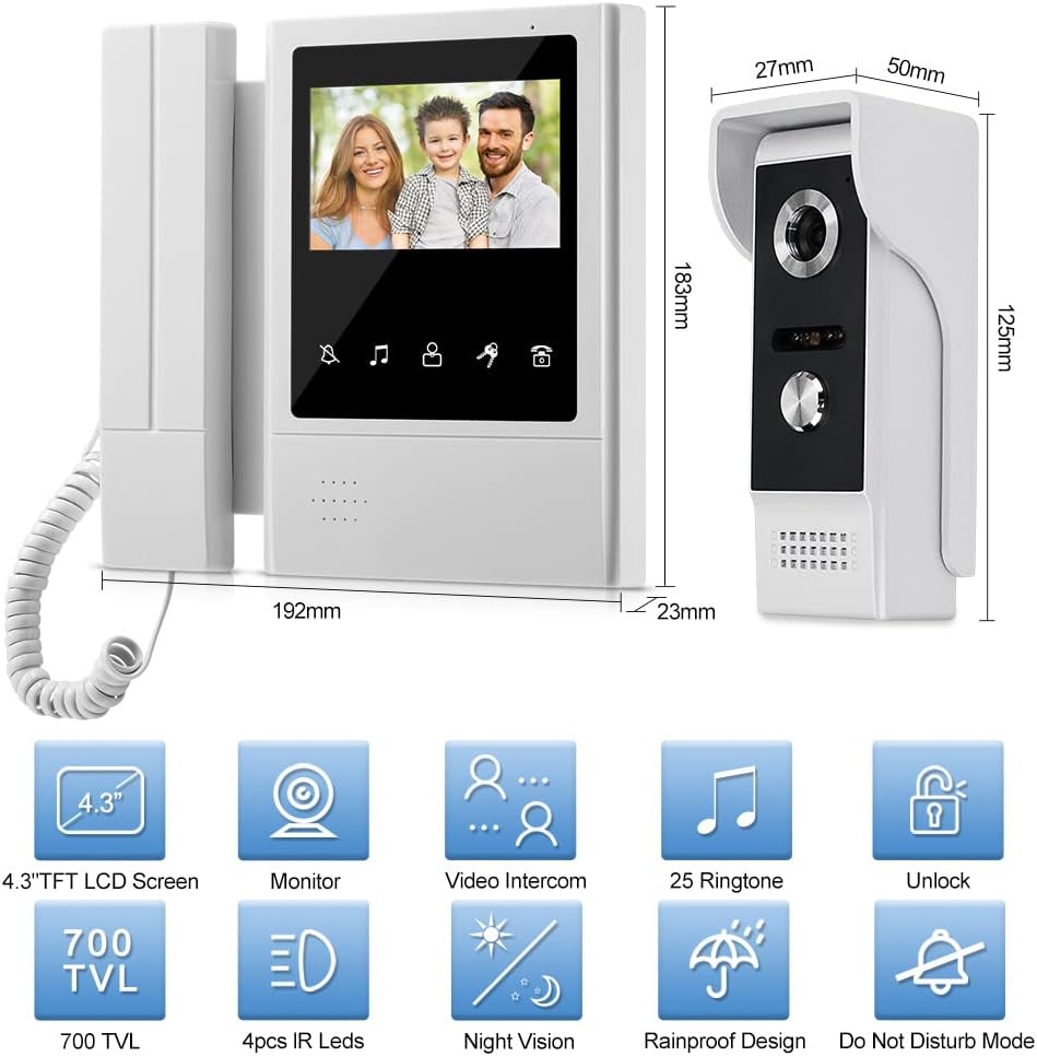 QttyElok 4,3'' TFT Farbe Wired Video Türsprechanlage Türklingel System für Home 700TVL IR Nachtsicht