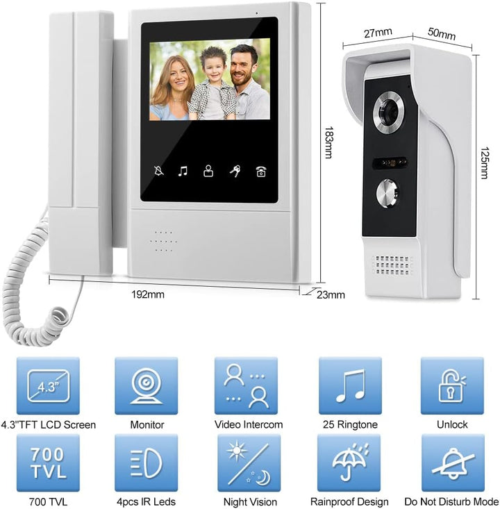 QttyElok 4,3'' TFT Farbe Wired Video Türsprechanlage Türklingel System für Home 700TVL IR Nachtsicht