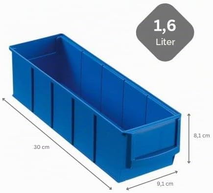 SparSet 10x Blaue Industriebox 300 S | HxBxT 8,1x9,1x30cm | 1,6 Liter | Sichtlagerkasten, Sortiments