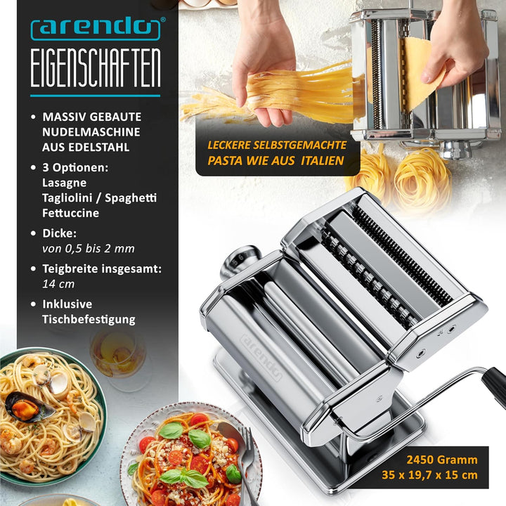 Arendo - Nudelmaschine Pasta Maker – Edelstahl – Nudelpresse – 7 einstellbare Stärken - manuell - Du