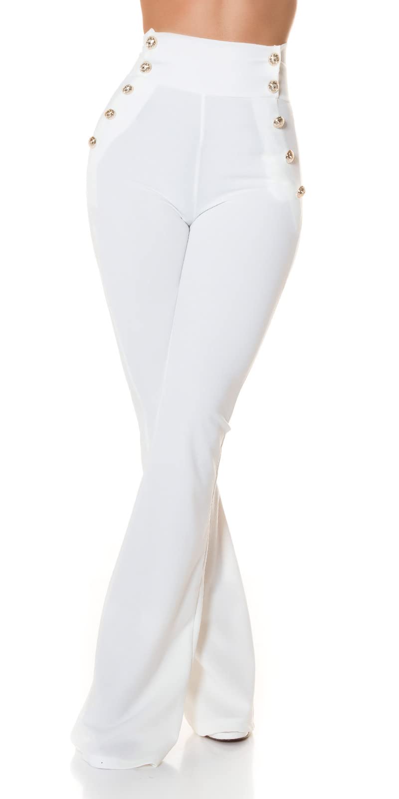 Koucla Stoff Business High Waist Schlag Hose mit Deko Knöpfe XL Weiss, XL Weiss