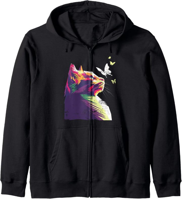 Schöne bunte Katze mit Schmetterlingen, lila Kapuzenjacke