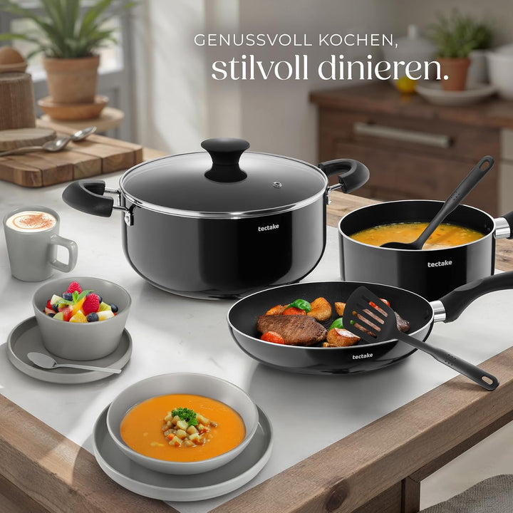 tectake® Küchenstarterset 6 Personen, Steingut Geschirr Set, Teller, 4 Töpfe 2 Pfannen rostfreies Al