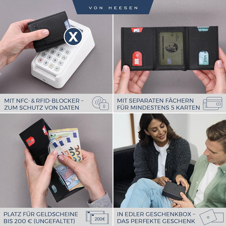 VON HEESEN Slim Wallet mit XL Münzfach &amp; RFID-Schutz - Leder Geldbeutel - Mini Geldbörse für Herren