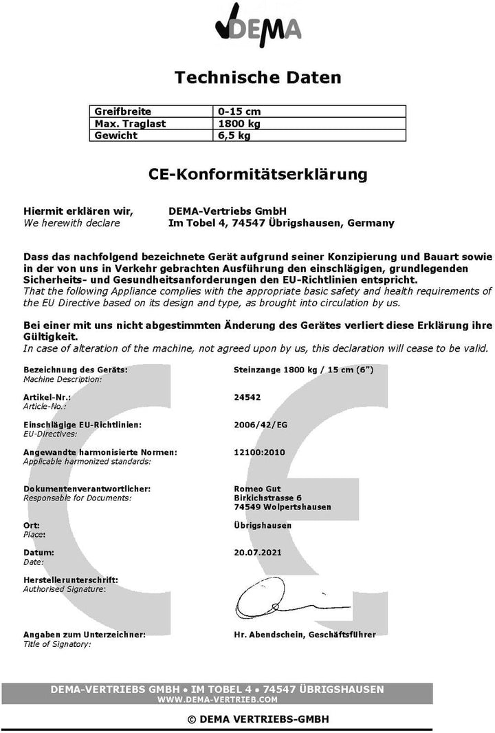 DEMA Steinzange 1800 kg / 15 cm (6")