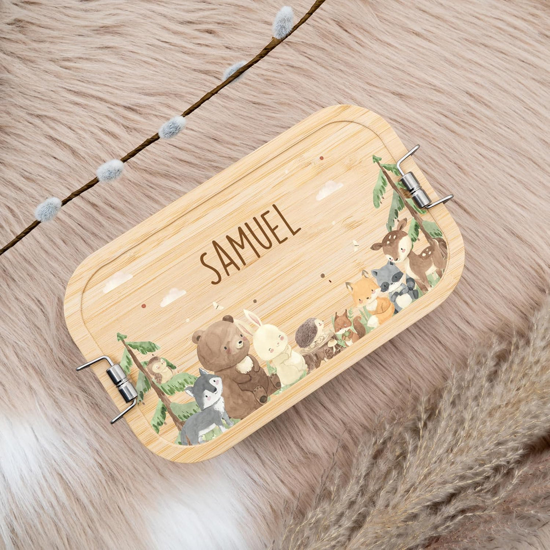 Kidsmood - Personalisierte Brotdose Kinder mit Fächern, Edelstahl Lunchbox mit Bambusdeckel | Schads