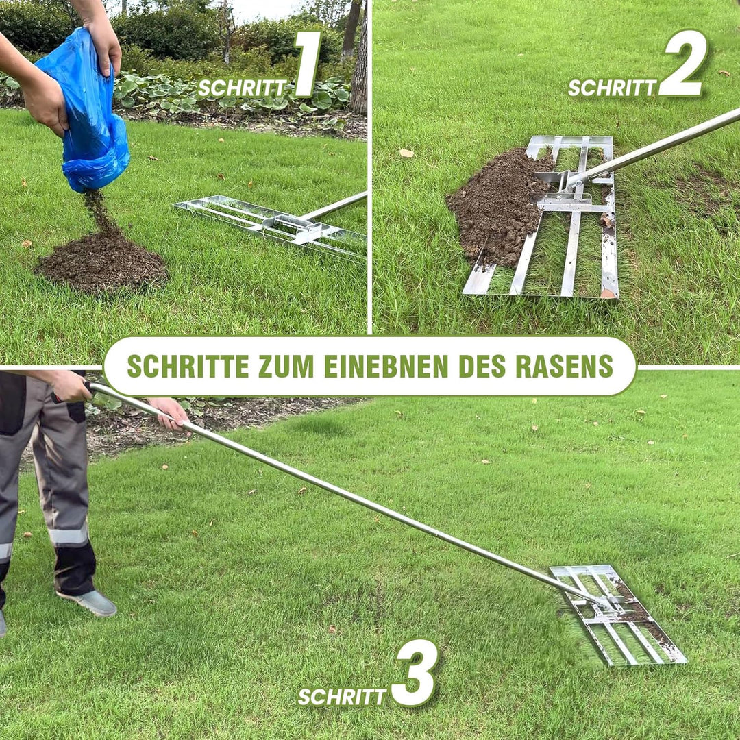 Rasen Rakel Edelstahl 72x25 cm Rakel Rasen nivellierrechen mit 2.15 Meter Verstellbarer Stiel für Ho