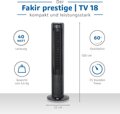 Fakir prestige TV 18 –Turmventilator mit Fernbedienung & 3 Leistungsstufen I Ventilator mit 60° Oszi