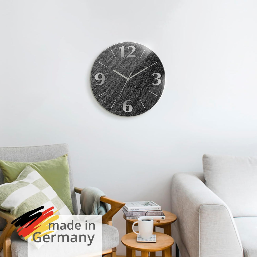 ARTLAND Wanduhr ohne Tickgeräusche aus Glas Funkuhr Ø 30 cm Rund Lautlos Ø 30 cm Schieferoptik U1RE