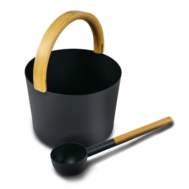 KOLO Sauna Kübel 2 & Kelle - Sauna Aufguss Set - Sauna Eimer 5 l aus Aluminium Schwarz - 300 ml Aufg