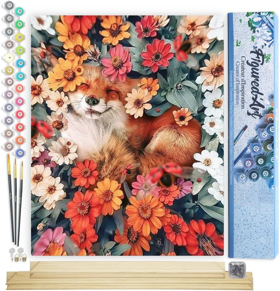 Figured'Art Malen Nach Zahlen Erwachsene Mit Rahmen Kleiner Fuchs und Blumen 2 - Paint by Numbers Ba