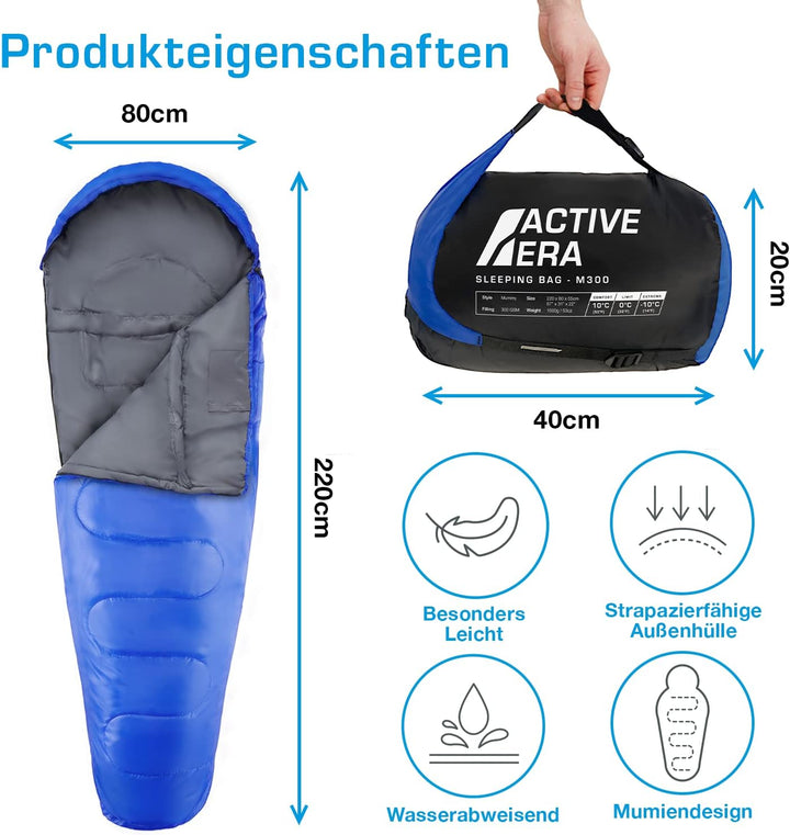 Active Era Mumienschlafsack – Schlafsack Winter und Sommer, -10°C bis 10°C - Wasserabweisend und Win