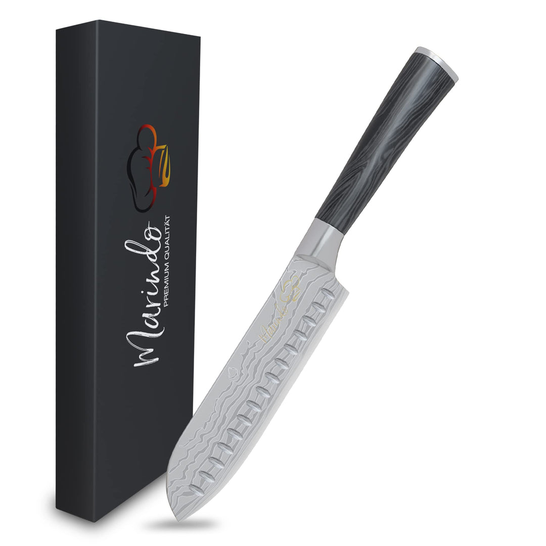 Marindo® Santoku Messer Edelstahl 17,8 cm Klinge | japanisches Küchenmesser mit Damastmesser Optik &