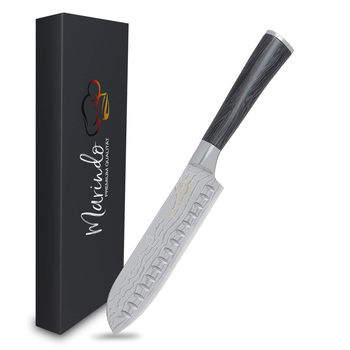 Marindo® Santoku Messer Edelstahl 17,8 cm Klinge | japanisches Küchenmesser mit Damastmesser Optik &