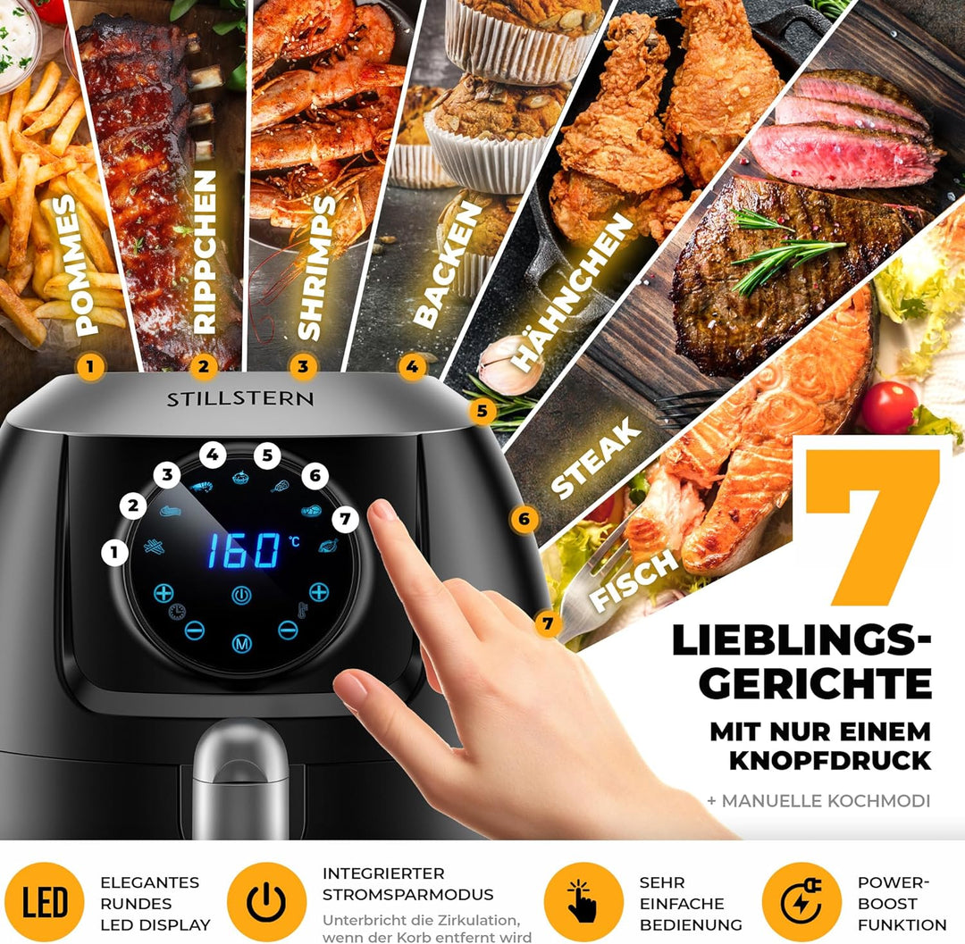 Stillstern Heissluftfritteuse 5L [1800W] mit 7 Programmen (Backen, Pommes, Chicken, Steak UVM.), 120