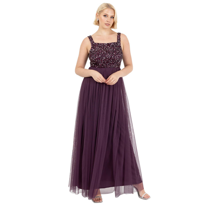Maya Deluxe Damen Ladies Womens Maxi Dress Wide Straps Sleevless Square Neckline Embellished for Wed
