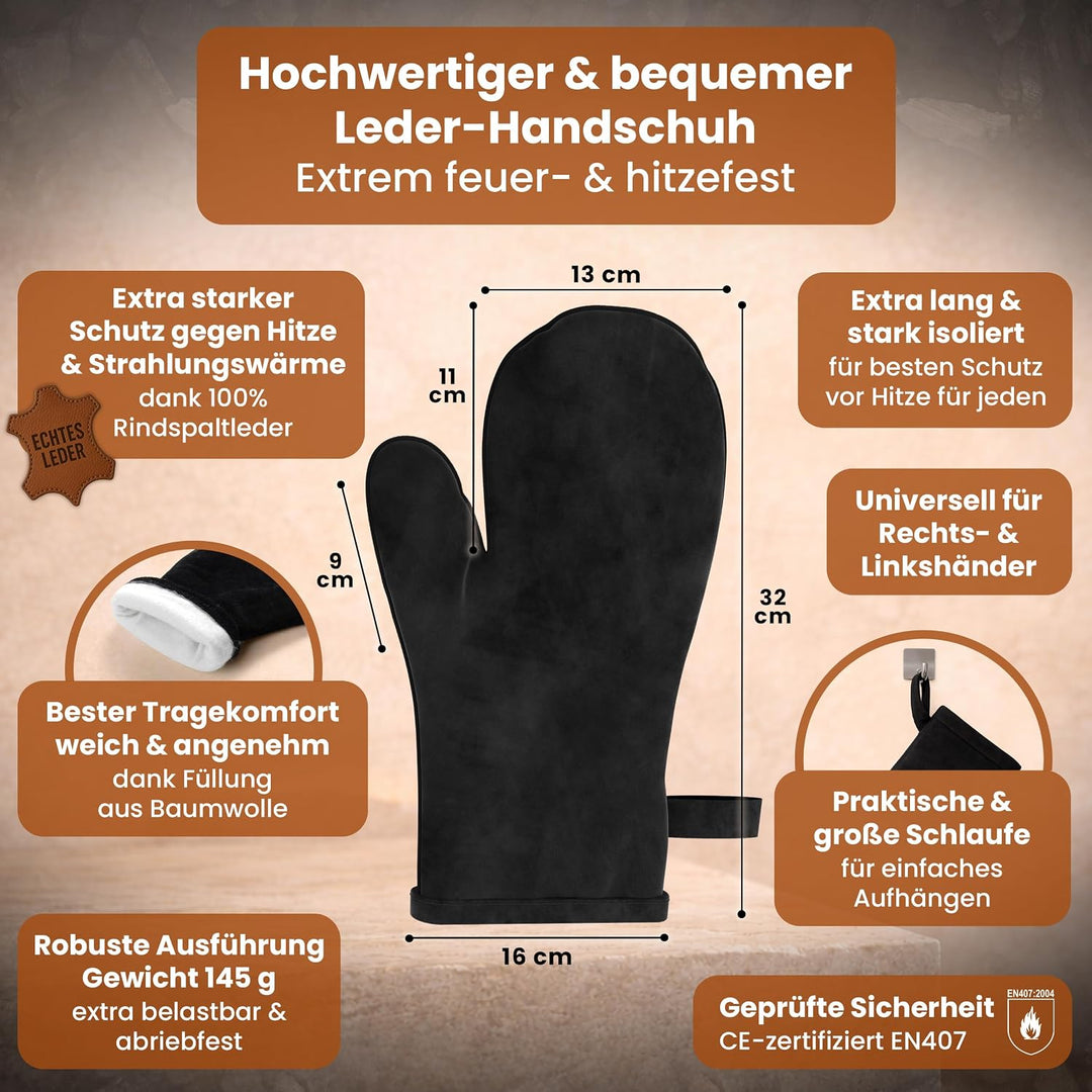 BLACK OAK Ascheeimer ETNA 14L – Set Schaufel Besen &amp; Lederhandschuh schwarz | - gross 14 Liter - Sta