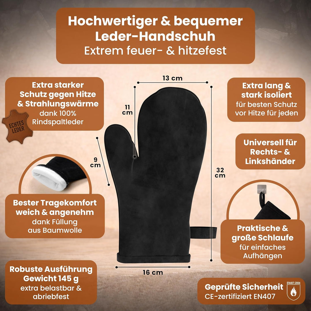 BLACK OAK Kaminbesteck DAVOS 5-teilig mit Lederhandschuh - edles & dekoratives Ofenbesteck Set schwa