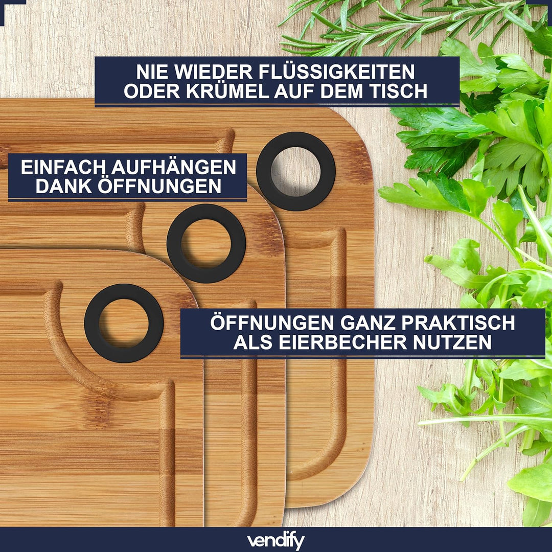 vendify® Bambus Frühstücksbrettchen 3er-Set & 6x Steakmesser - 3x Schneidebrett 28x20 cm - Antibakte