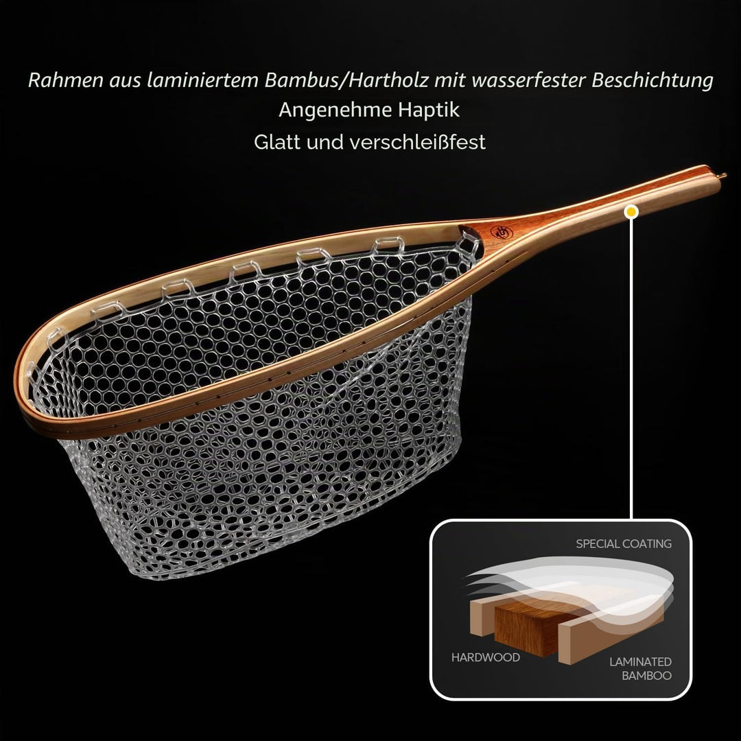 SF Fliegenfischen Kescher Holz Rahmen Weiches Gummimaschen-Forellennetz Fang-und Freigabe Netz Klein