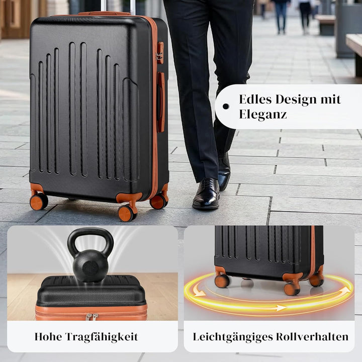LALAHO Zwillingsrollen Reisekoffer Handgepäck Koffer Trolleys Hartschale M-L-XL-Set (Schwarz-Braun,
