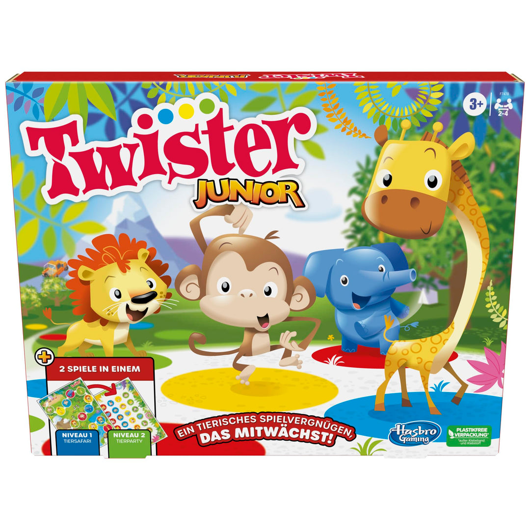 Hasbro Twister Junior Spiel, Tierisches Vergnügen, doppelseitige Matte, 2 Spiele in einem, Partyspie