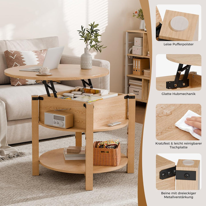 ELUCHANG Couchtisch Rund mit Hebeplatte, Couchtisch Höhenverstellbarer 2 in 1, Beistelltisch Wohnzim
