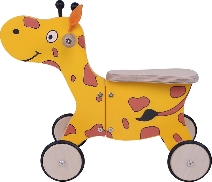 Kinder Rutscher aus Holz Giraffe Happy, Holzrutscher mit 4 Rädern, Handgriffen & Flacher Sitzfläche,