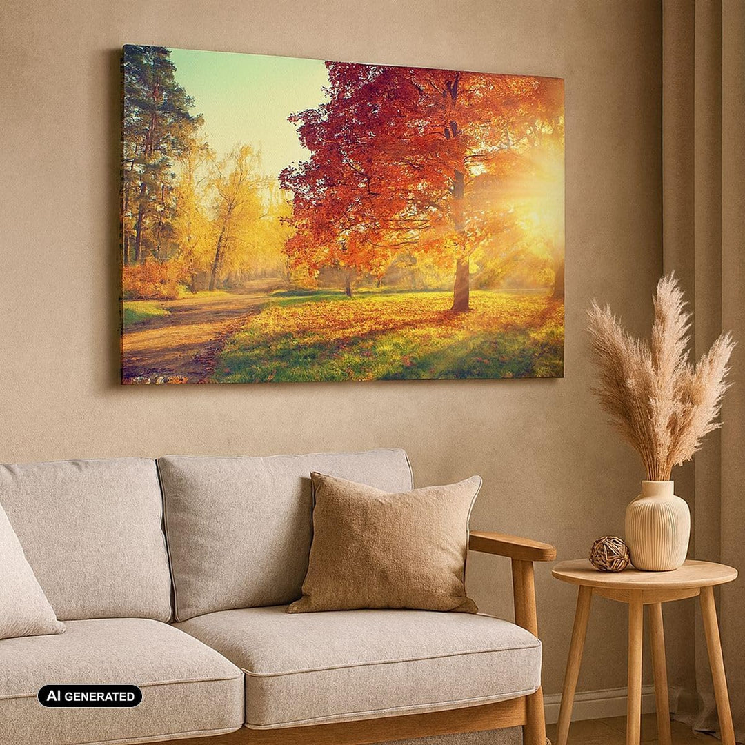 Bilder auf Leinwand 100x70cm Leinwandbild mit Rahmen Park Herbst Baum Gross Wanddeko Bild Schlafzimm