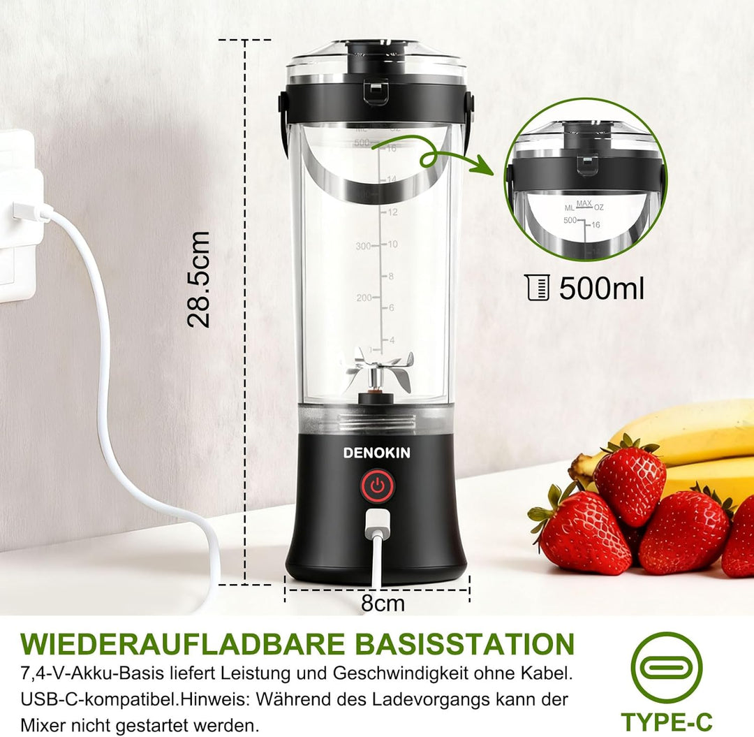 DENOKIN Tragbarer Mixer mit Trinkdeckel, 500ml, Mini Standmixer für Unterwegs, Wiederaufladbar mit U