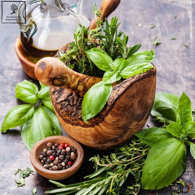 DAS OLIVENHOLZBRETT® Olivenholz Mörser und Stössel glatt/Olivenholzmörser SET/robuster Holzmörser/Ge