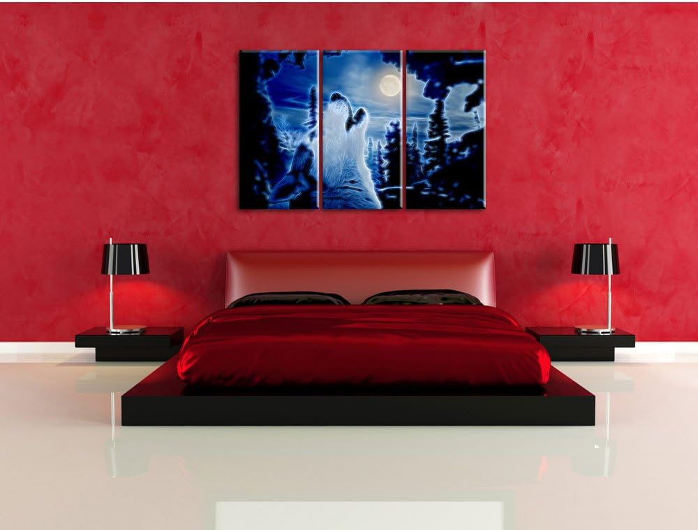 Pixxprint Heulender Wolf im Mondlicht als Leinwandbild/Grösse: 3 Teilig (120x80 cm) cm/Wandbild/Kuns