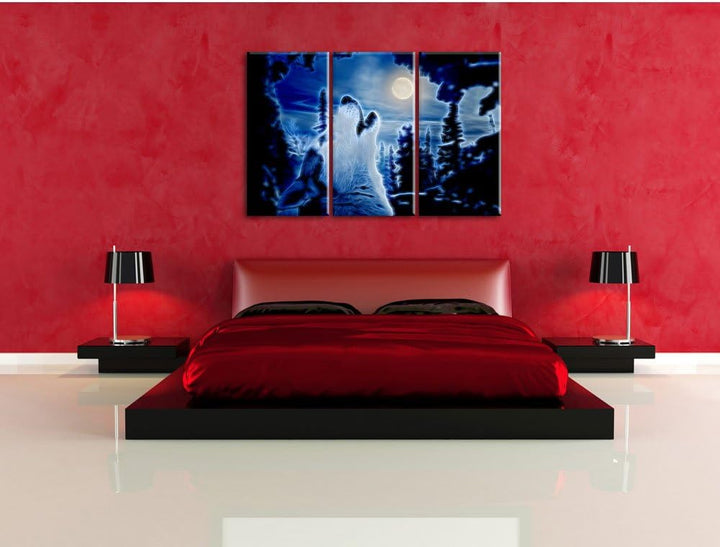 Pixxprint Heulender Wolf im Mondlicht als Leinwandbild/Grösse: 3 Teilig (120x80 cm) cm/Wandbild/Kuns