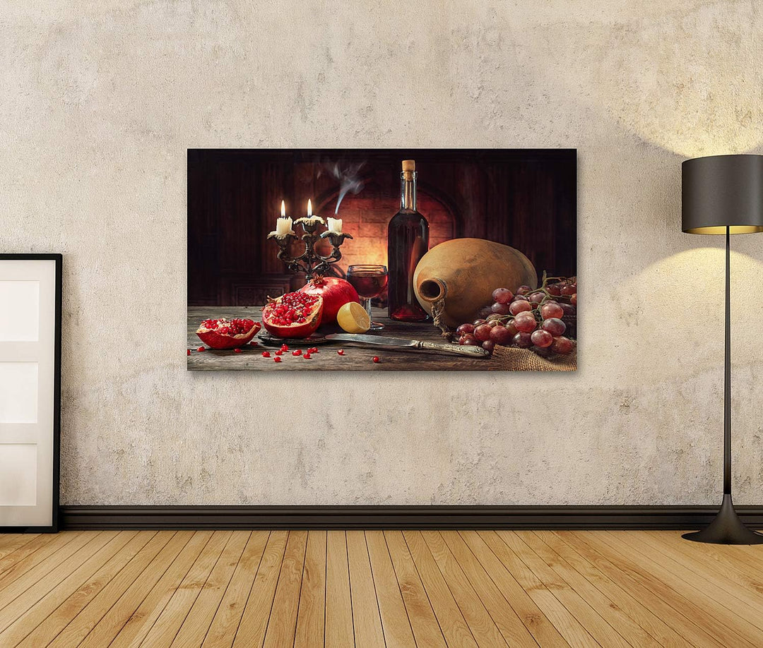 islandburner Bild auf Leinwand Stillleben Rustikaler Stil Obst Granatäpfel Trauben Zitrone Holztisch