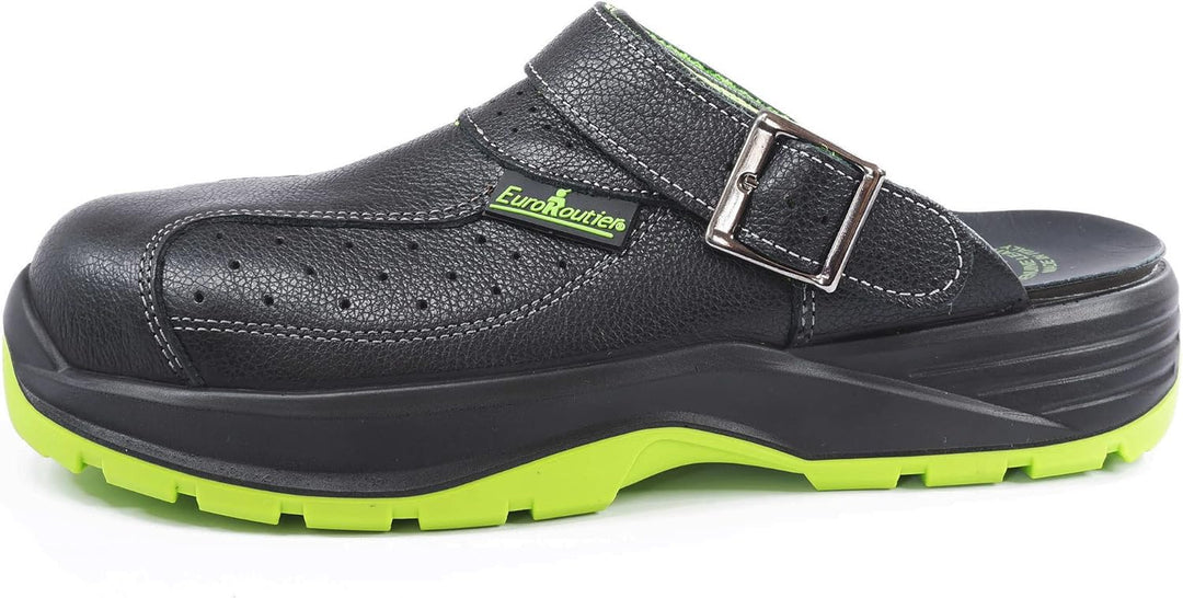 EUROROUTIER Premium Fenix Black Echtes Leder, Clogs, Sicherheitsschuhe, zertifiziert SB A-E-FO SRC,