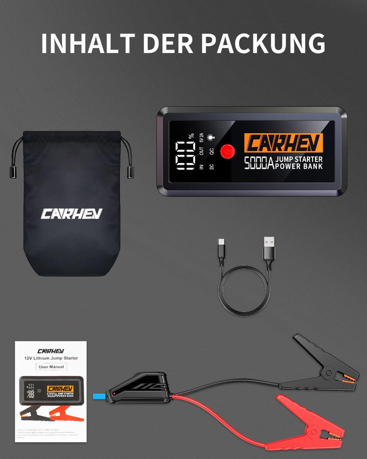 CARHEV Starthilfe Powerbank, 5000A Booster Auto Starthilfe, 12V Starter Powerbank(Bis zu 8.0L Benzin