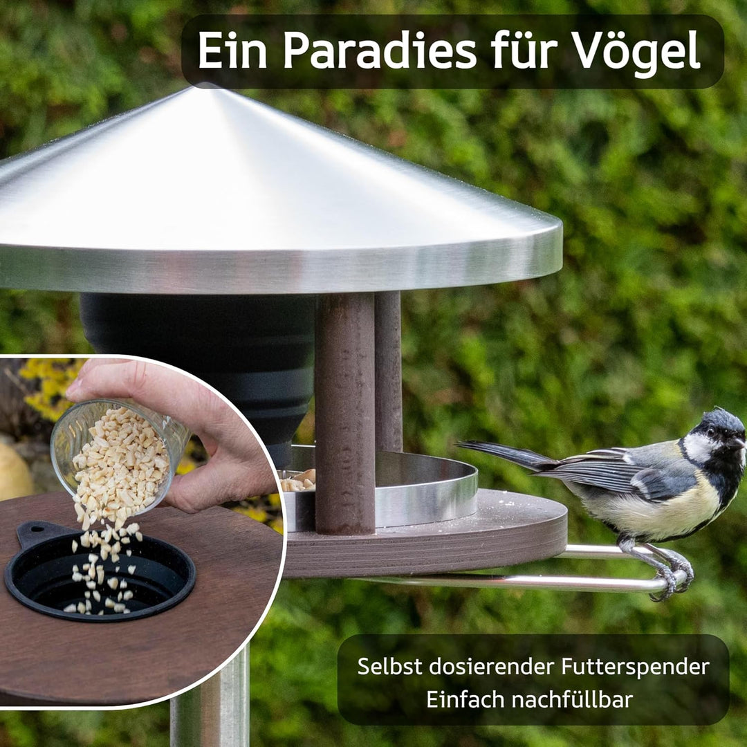 Vogelhaus mit Ständer wetterfest aus Edelstahl - Stabiles Vogelfutterhaus für draussen, modern aus M