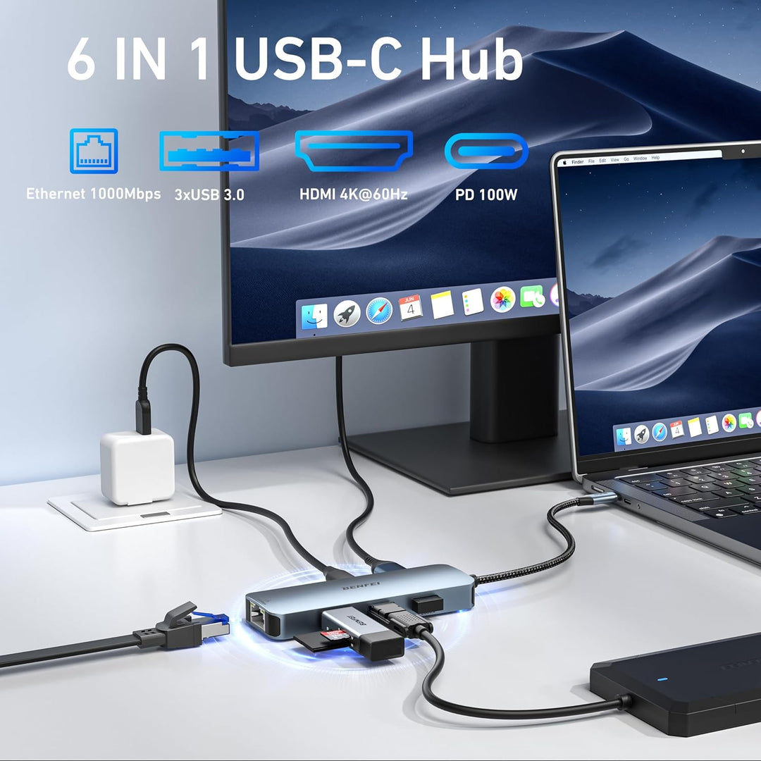 BENFEI 6in1 USB C HUB mit HDMI 4K@60Hz/ Gigabit Ethernet/100W PD Stromversorgung/3*USB A 5Gbps [Sili
