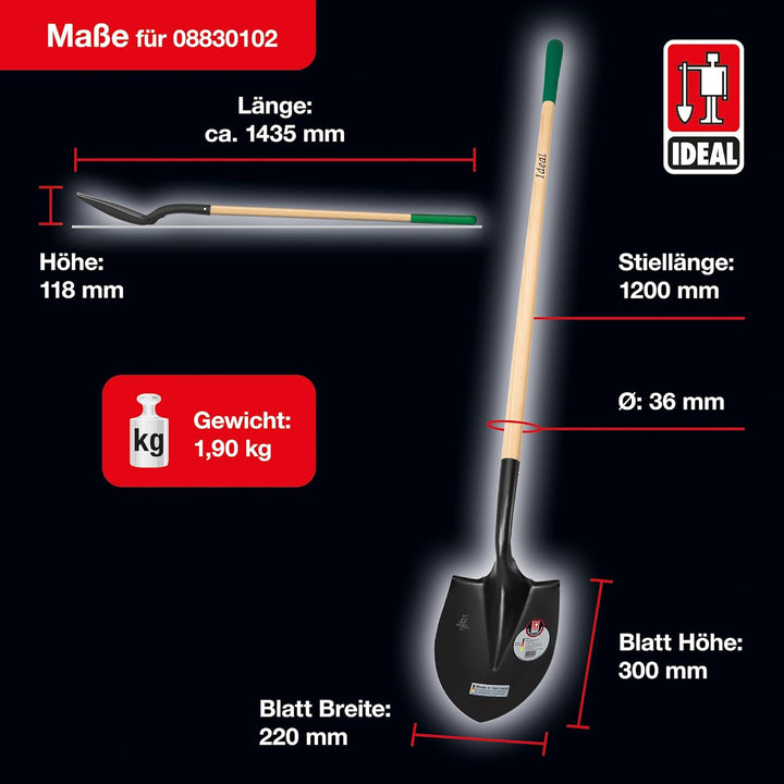 IDEAL-Spatenschaufel klein für Feste, steinige Böden, Schaufel mit gebogenem Tritt und Eschen-Langst