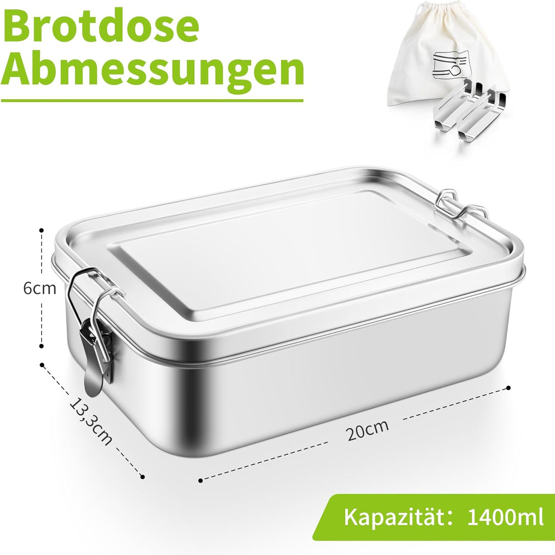 Homikit Edelstahl Brotdose mit 2 Fächern, 1400ml Bento Box mit Tasche für Kinder und Erwachsene, Aus