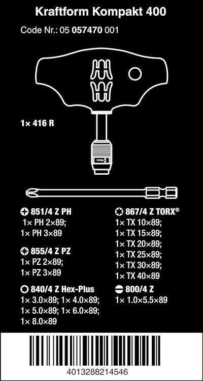 Wera '05057470001 Kraftform Kompakt 400 Handhalter und Bit-Satz, 17-teilig