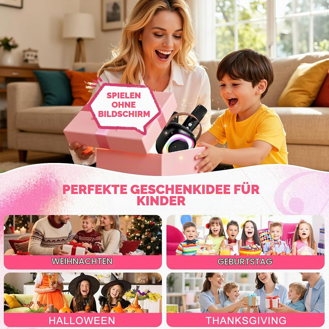 Karaoke Maschine für Kinder Erwachsene, Bluetooth Karaoke Lautsprecher mit 2 Kabellosen Mikrofon, Mi