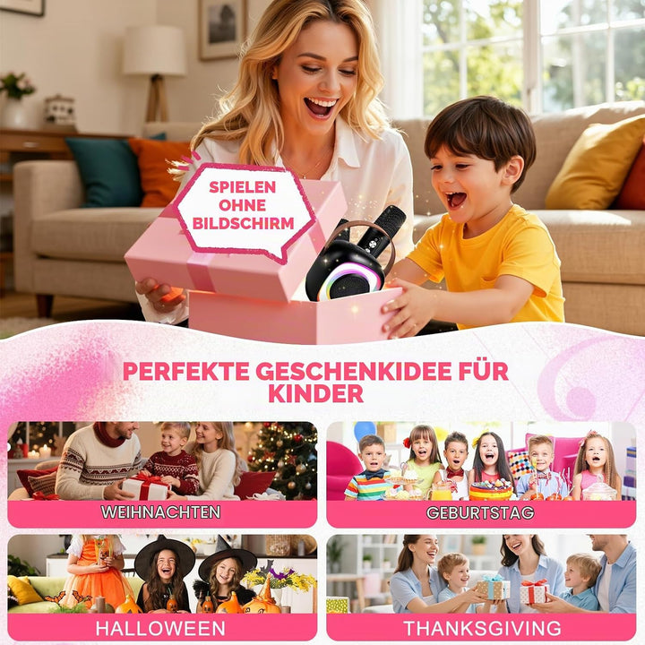 Karaoke Maschine für Kinder Erwachsene, Bluetooth Karaoke Lautsprecher mit 2 Kabellosen Mikrofon, Mi