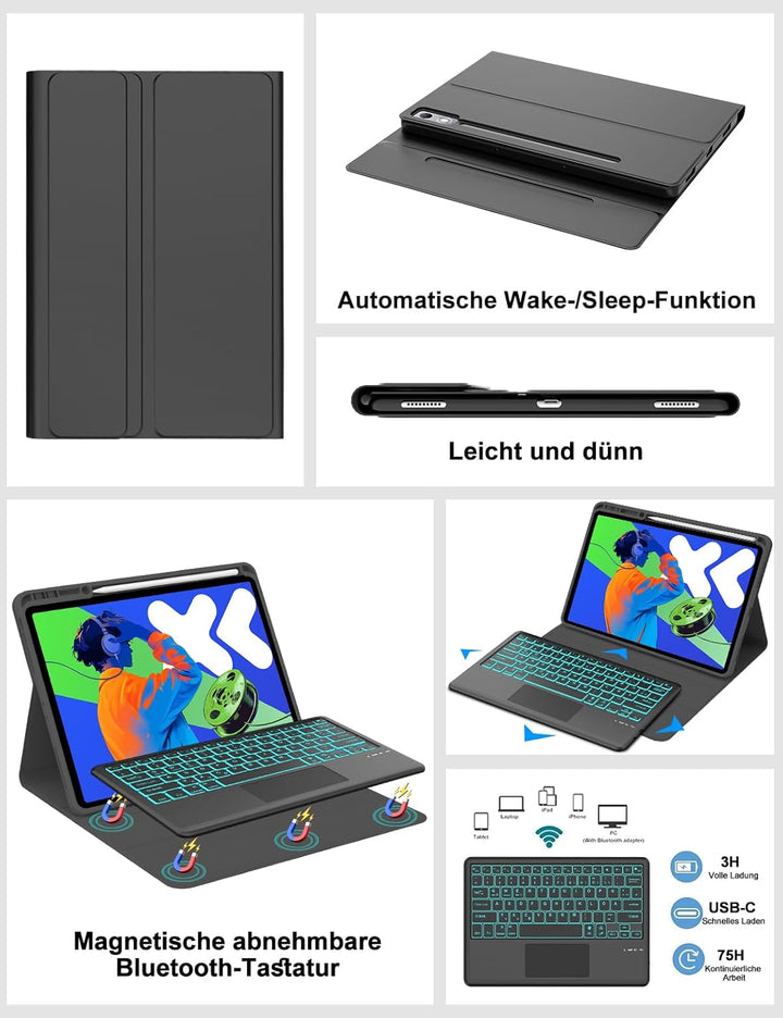 Tastatur Hülle für Lenovo idea Tab Pro 12.7" 2025, Deutscher QWERTZ, Multi Touch Trackpad, 7 Farben