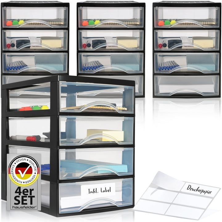 Hausfelder Schubladenbox A4, 4 Organizer mit jeweils 4 Schubladen inkl Aufkleber (A4, 4 Stk. mit 4 S