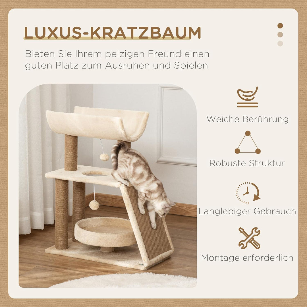 PawHut Kratzbaum mit 2 Spielball für Mittelgrosse Katzen 76 cm Hellbraun | Sisalstämme, Bett, Kratzb