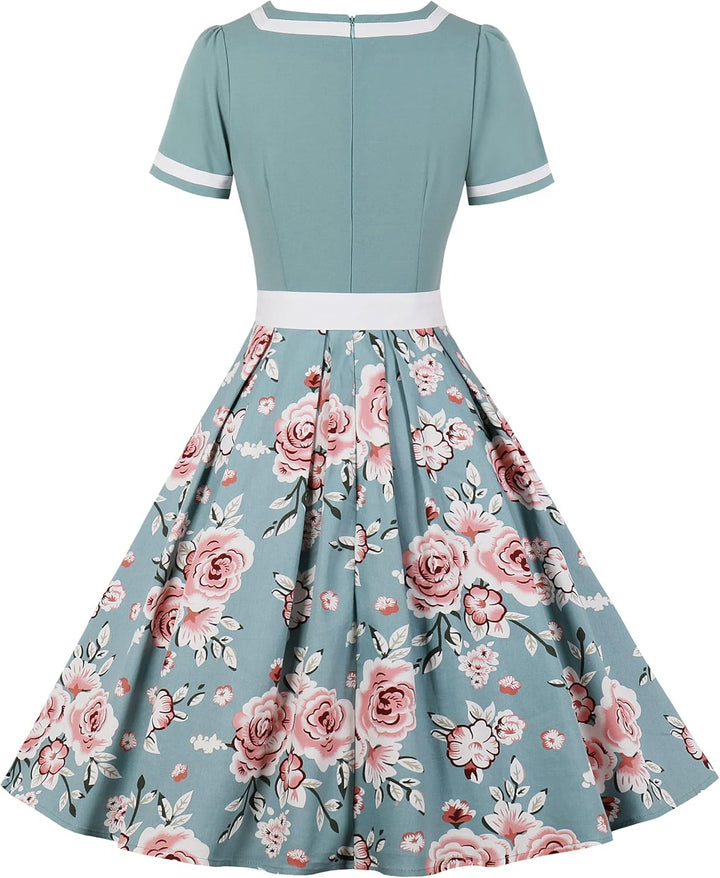 Odizli Rockabilly Kleider Damen 50er Jahre Vintage Kurzarm V-Ausschnitt Polka Dot Swing Coctailkleid