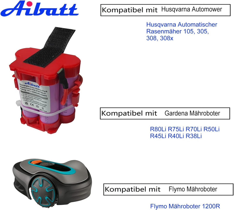 Aibatt 2.5Ah 18V Lithium Akku,Ersatzakku für Gardena R38Li,R40Li,R45Li,R50Li,R70Li,R75Li,R80Li Mähro